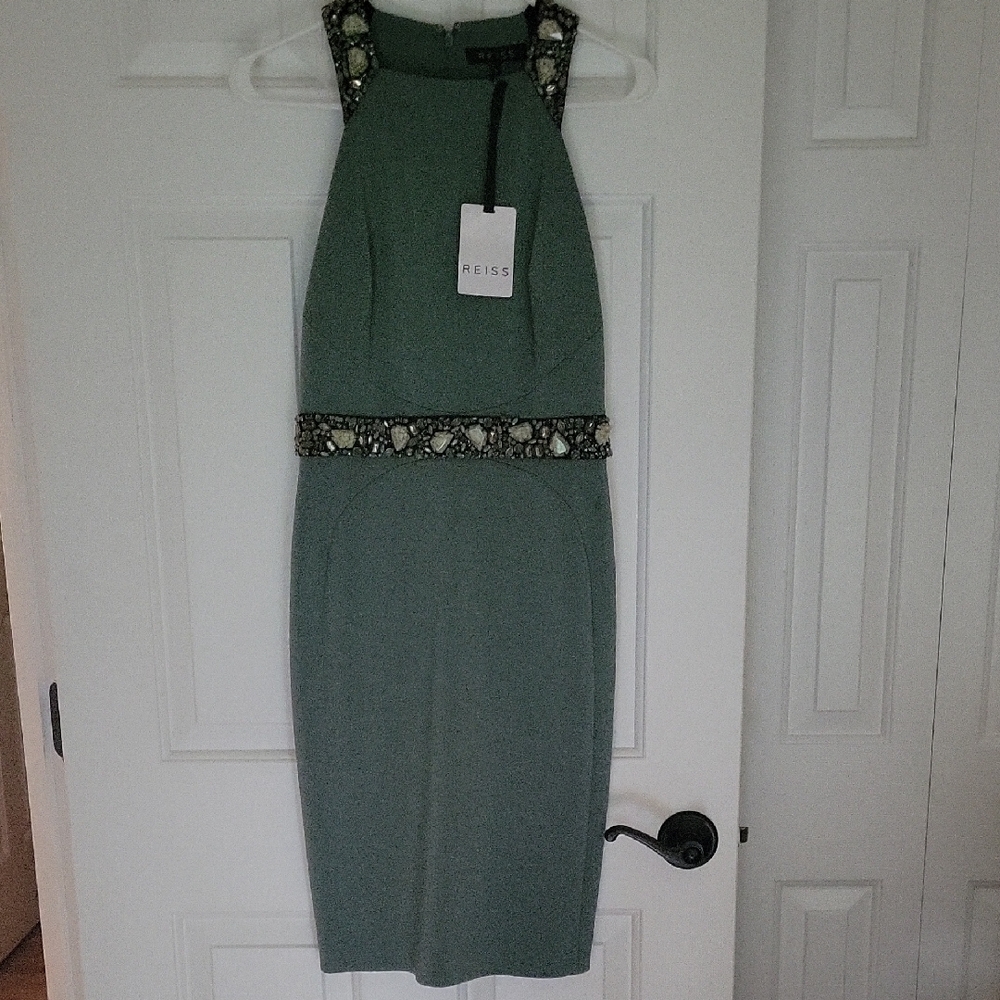 NEW! Reiss Bexley-Embellished Fitted Midi Dress In Bright Sage